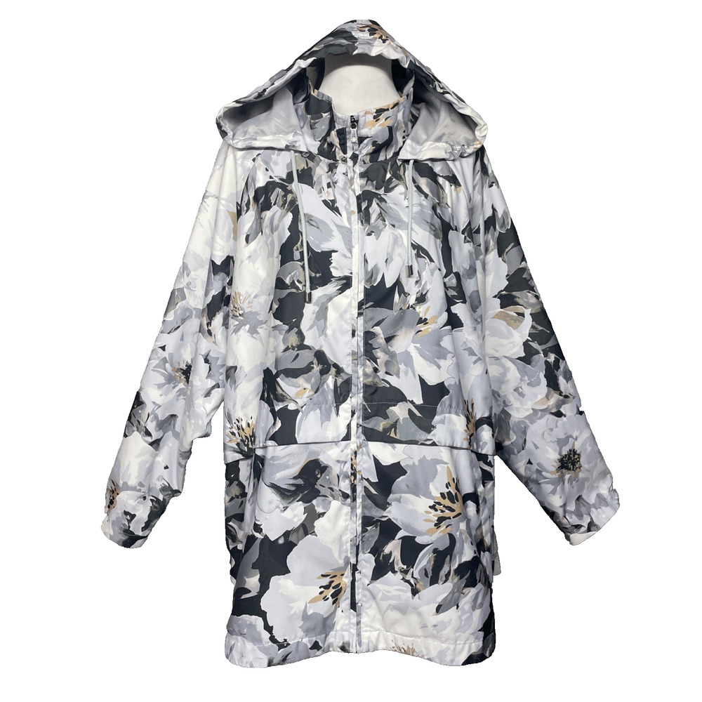 Floral Hooded Rain Jacket - White & Gray